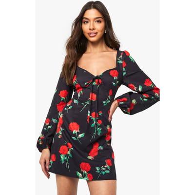 boohoo Dames Bloemige Milkmaid Mini-jurk | Black | Maat: 8