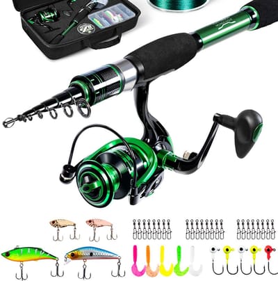 Telescopische Vishengel Set – 30T Grafiet – Compacte Reisset met Molen, Aas en Lijn – Voor Zoet- en Zoutwater – Voor Beginners en Gevorderden - Groen - 2.4M 8FT