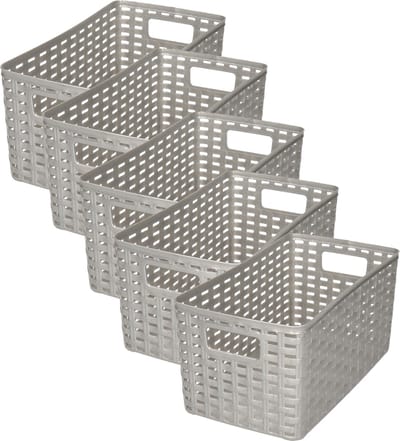 PlasticForte Opbergmand - 5x - Kastmand - rotan kunststof - zilver - 5 Liter - 15 x 28 x 13 cm