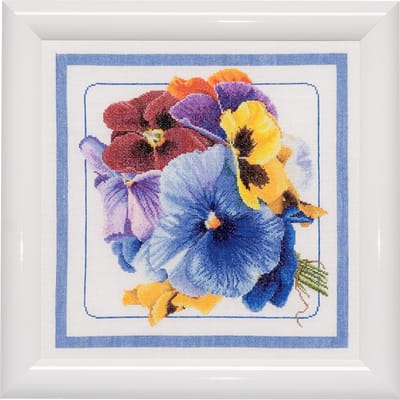 Thea Gouverneur - Borduurpakket met telpatroon - 435 - Voorgesorteerde DMC Garens - Viooltjes - Linnen - 34 cm x 34 cm - DIY Kit