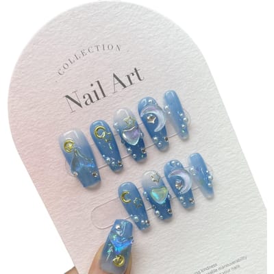 10 stuks handgemaakte pers op nagels lang ballet blauwe nepnagels met 3D oceaan maan strass ontwerp kunstnagels volledige dekking nageltips L