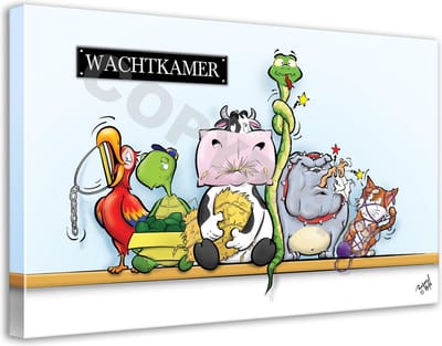 Dierenarts Cartoon op canvas - Roland Hols - Dieren in de wachtkamer - 40 x 60 cm - Houten frame 4 cm dik