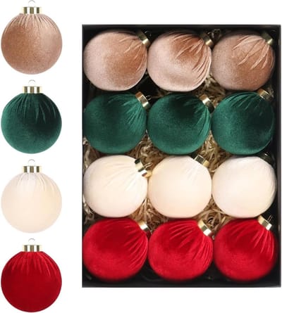 12 Stuks Fluwelen Kerstballen 8cm, Veerkrachtige Shatterproof Versieringen voor Kerstboom, Feestdagen en Thuisdecoratie in 4 Kleuren