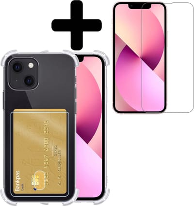 Hoesje - Geschikt voor Apple iPhone 14 - Met Screenprotector - En Pashouder - En Kaarthouder - Telefoon Hoes Shockproof - Siliconen Case - Back Cover - Shock Proof - Pasjes Houder - Telefoonhoesjes - Transparant