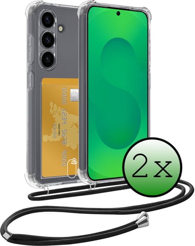 Hoes Geschikt voor Samsung S25 Hoesje Pas Houder Shock Proof Case Hoes Met Koord - Hoesje Geschikt voor Samsung Galaxy S25 Hoes Met Telefoonkoord Pasjeshouder Cover - Transparant - 2 Stuks