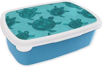Broodtrommel Blauw - Lunchbox - Brooddoos - Schildpad - Patronen - Indonesië - 18x12x6 cm - Kinderen - Jongen