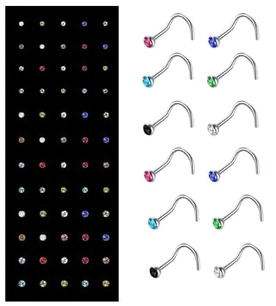 Fako Bijoux® - Neuspiercing - Bocht Kristal - Gekleurd - 60 Stuks