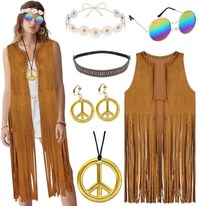 6-delige Cowgirl Kostuum voor Vrouwen met Franje Vest, Oorbellen, Bril en Hippie Accessoires voor Carnaval en Feestjes
