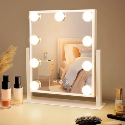 NETTLIFE Make-up Spiegel met verlichting - Hollywood Spiegel met verlichting - Touch Dimbaar - 9xLed Lampen - Kleine cosmeticaspiegel - 360° draaibaar Tafelspiegel - Vanity Mirror - 3 standen Make-up Tafelspiegel - 30.5x33.5cm - Wit