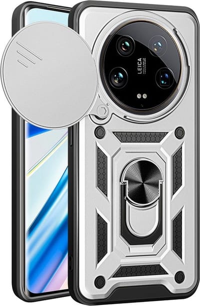 MobyDefend Hoesje - Geschikt voor Xiaomi 14 Ultra - Pantsercase Met Draaibare Ring - Zilvergrijs
