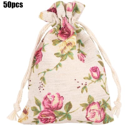 50 Stuks Jute Zak met Trekkoord Bloemenpatroon Sieraden Verpakking Kerstdag Bruiloft Feestartikelen
