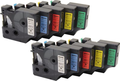 KATRIZ® huismerk label tape voor Dymo | 2x 40913(Zwart op Wit) + 2x 40917(Zwart op Rood) + 2x 40916(Zwart op Blauw) + 2x 40918(Zwart op Geel) + 2x 40919(Zwart op Groen) | 9mm*7m | 10 stuks