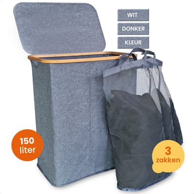 Goliving Wassorteerder 3 Vakken - 150L - Opvouwbare Wasmand Met Deksel - 3 Uitneembare Zakken Met Kleurlabels - 57 x 37 x 66 cm - Grijs