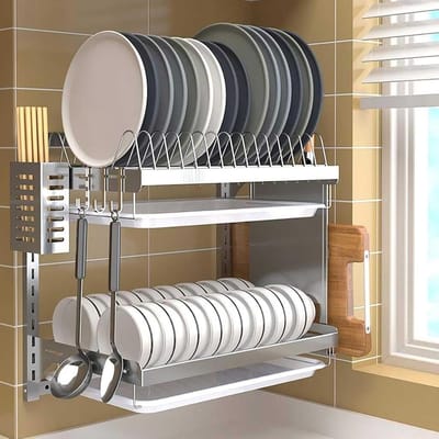 Afdruiprek Keuken - Keuken organizer - Keuken opruimen - Wandmontage RVS - 2 of 3 Lagen - Zilver