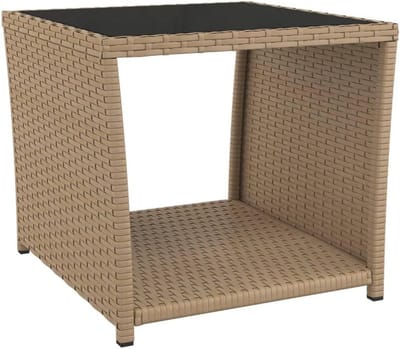 Salontafel met glazen blad en poly rattan voor tuin en terras