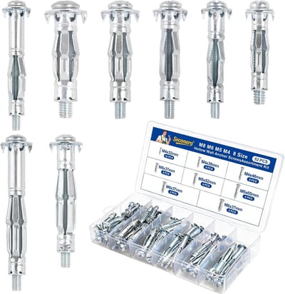 Set van 52 Stuks Metalen Holle Wandpluggen, 8 Maten voor M4 M5 M6 M8, Gegalvaniseerd Staal, Wandankers voor Dubbele Gipsplaten, Assortiment Wandpluggen en Bevestigingsmateriaal