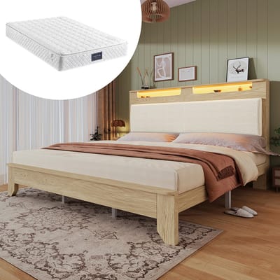 Pugsdrly Houten tweepersoonsbed 140 × 200 cm, hoofdeinde met opbergruimte, ledverlichting en gestoffeerde rugleuning in beige corduroy, bedframe met houten latten, licht eiken (met matras, zonder bedbank)
