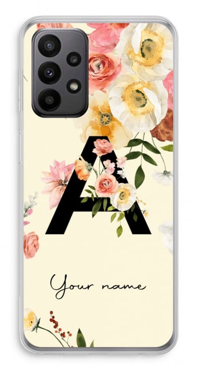 Gepersonaliseerd - Case Company® - Hoesje geschikt voor Samsung Galaxy A23 hoesje - Flirty Flowers Monogram - Soft Cover Telefoonhoesje - Bescherming aan alle Kanten en Schermrand