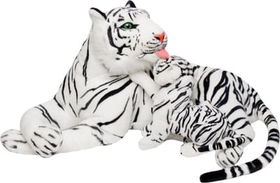 BRUBAKER Tijgerknuffel met Babytijger - 100 cm - Liggend Moeder met welp Knuffel - Wit - Realistisch