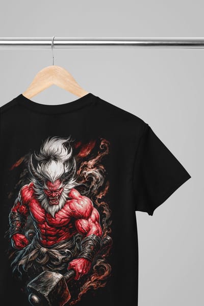 Oversized shirt - Japanese demon - Wurban Wear | Draak | Anime streetwear | Asian streetwear | Streetwear | Geisha | Techno outfit | Fantasy shirt | Gym shirt | y2k | Tattoo | Urban | Grote maten | Japanese mythology | Samurai | Zwart