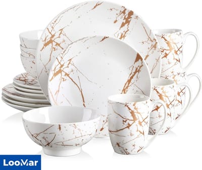 LooMar Serviesset – 16 delig – 4 persoons – Porselein - Luxe – Bordenset – Dinner platen – Dessertborden - Wit - Goud