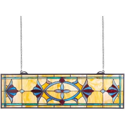 Panneau de fenêtre en vitrail, 813 x 250 mm, Panneau de fenêtre de lucarne suspendu style Tiffany avec chaîne, Grand rectangle horizontal en vitrail, Vintage