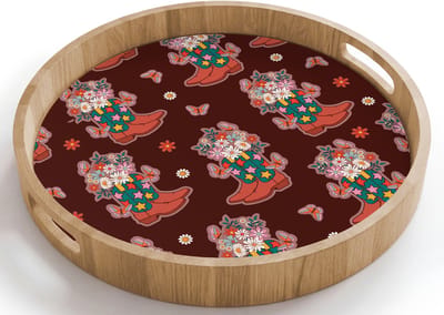Dienblad rond 40x40 cm - Schootdienblad hout - Donker - Cowboy - Laars - Patroon - Borrelplank rechthoek - Plateau houten dienbladen
