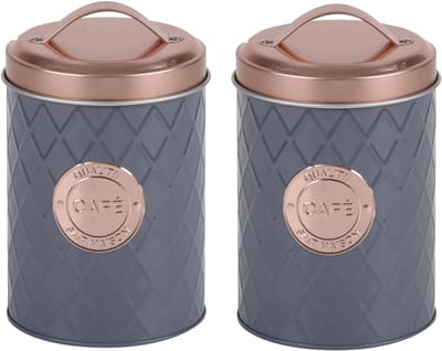 Urban Living Koffie bewaarblik - 2x - metaal - grijs/rosé - 11 x 16 cm - cups/bonen/filterkoffie