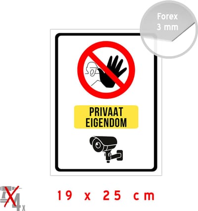 Pictogram/ bord | Stop! - "Privaat eigendom" + Camerabewaking | 19 x 25 cm | CCTV | Geen toegang | Privé | Verboden | Eigen terrein | Kunststof | Camera | Toezicht | 1 stuk