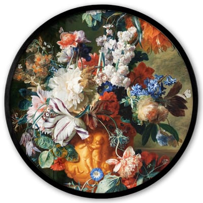 Poster in lijst Rond - Fotolijst 40x40 cm - Posters - Kunst - Oude meesters - Boeket bloemen in een urn - Ronde posterlijst zwart - Decoratie - Wanddecoratie woonkamer - Muurdecoratie slaapkamer