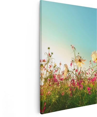 Artaza Canvas Schilderij Bloemen - 80x120 cm - Groot - Wanddecoratie Bloemenveld - Muurdecoratie Zonsondergang - Schilderijen Op Canvas