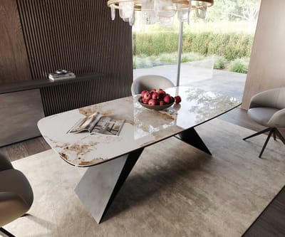Eetkamertafel Edge wit-beige Boot keramiek Minas Melange 200x100 V-frame vlak staal zwart