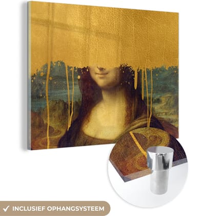 MuchoWow® Glasschilderij 160x120 cm - Schilderij acrylglas - Mona Lisa - Goud - Da Vinci - Foto op glas - Schilderijen