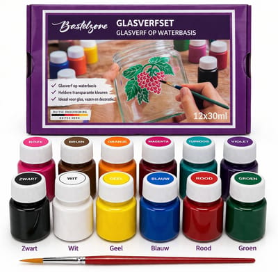 Bastelzone Glasverfset, 12 x 30 ml glasverf op waterbasis, Glaskleur voor decoratief design