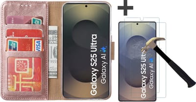 Hoesje met 2 Stuks Screenprotectors Geschikt voor Samsung Galaxy S25 Ultra – Arara bookcase met pasjeshouder - Rosegoud