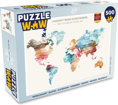 Puzzel Wereldkaart - Quotes - Waterverf - Kinderen - Jongen - Meisjes - Bucketlist - Legpuzzel - Puzzel 500 stukjes