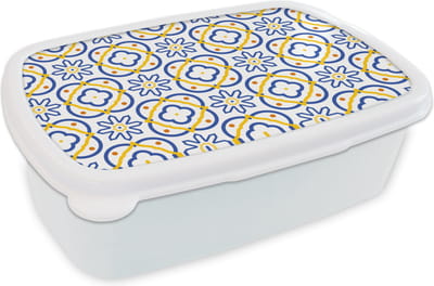 Broodtrommel Wit - Lunchbox - Brooddoos - Bloem - Blauw - Geel - Tegels - Patronen - 18x12x6 cm - Volwassenen