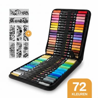 Samex Dualtip Acrylstiften – 72 kleuren – luxe map - inclusief 8 sjablonen - verfstiften Happy Stones