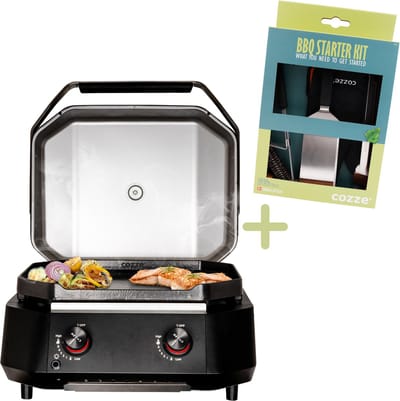 Cozze® G-500 Gas Plancha BBQ met Deksel - 2 Gasbranders - BBQ Gasbakplaat voor Buiten Koken - 5,0 kW - Inclusief Gratis BBQ Set - Outdoor Cooking