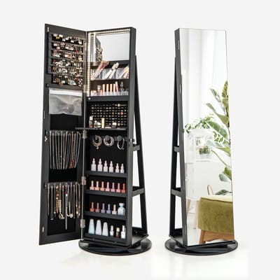 COSTWAY Sieradenkast met led, spiegelkast, 360 graden draaibaar, met frameloze full-body spiegel, sieradenorganizer afsluitbaar, sieradenopslag (zwart)
