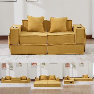 Multifunctionele 2-Zits Bank, Moderne Tweepersoons Slaapbank met een Comfortabele Stoffen Bank en twee Kussens, Een Stijlvolle, Decoratieve Voetenbank met Opbergruimte aan de Zijkant en Bekerhouders-Geel