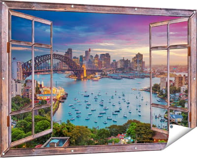 Gards Tuinposter Doorkijk Sydney Harbour Bridge in de Avond - 150x100 cm - Tuindoek - Tuindecoratie - Wanddecoratie buiten - Tuinschilderij