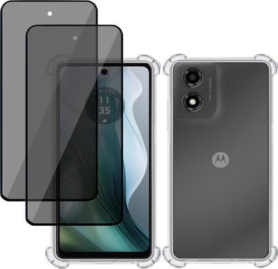 Hoesje + 2x Privé Screenprotector geschikt voor Motorola Moto E14 / Moto G04 / Moto G24 – Privacy Tempered Glass - Case Transparant