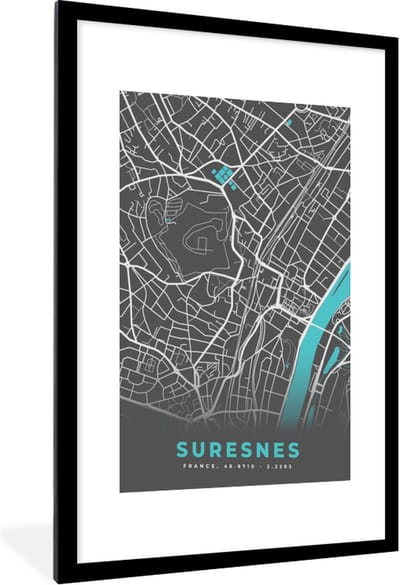 Fotolijst incl. Poster - Suresnes - Kaart - Plattegrond - Stadskaart - Frankrijk - 60x90 cm - Posterlijst