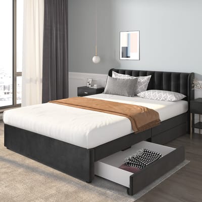 KOMHTOM Tweepersoonsbed 140x200 cm Bed met laden Bekleed bed in fluweel met lattenbodem Hoofdbord 2 laden Zwart