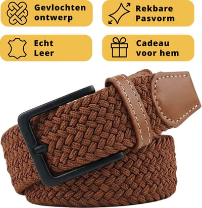 Garzini Elastische Riem Heren - Gevlochten Broekriem Heren zonder gaatjes - Broekriem zonder gaatjes - W31-W33 (91-99 cm) - Donker Bruin
