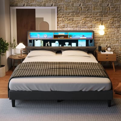 VVBV Gestoffeerd Opbergbed 140x200 cm - LED-Verlichting, Opberghoofdbord, Opbergruimte - Hout/Massief Hout Grijs Zonder Matras