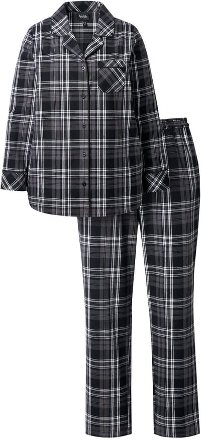 Ulla Popken - Dames - Pyjama flanel ruit reverskraag lange mouwen - Zwart - Maat 42+