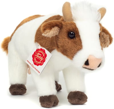 Hermann Teddy Knuffeldier Koe - zachte pluche stof - premium knuffels - bruin/wit - 23 cm - Boerderij