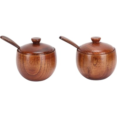 Lot de 2 pots à condiments japonais rétro en bois avec couvercle et cuillère pour la cuisine brown